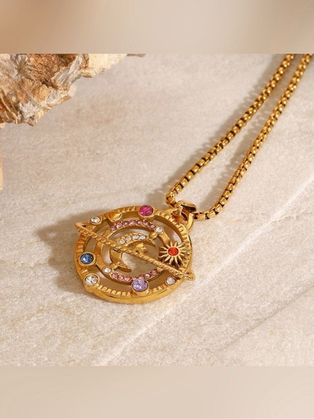 18K Gold Plated Stainless Steel Pendant Necklace with Multicolor Stones